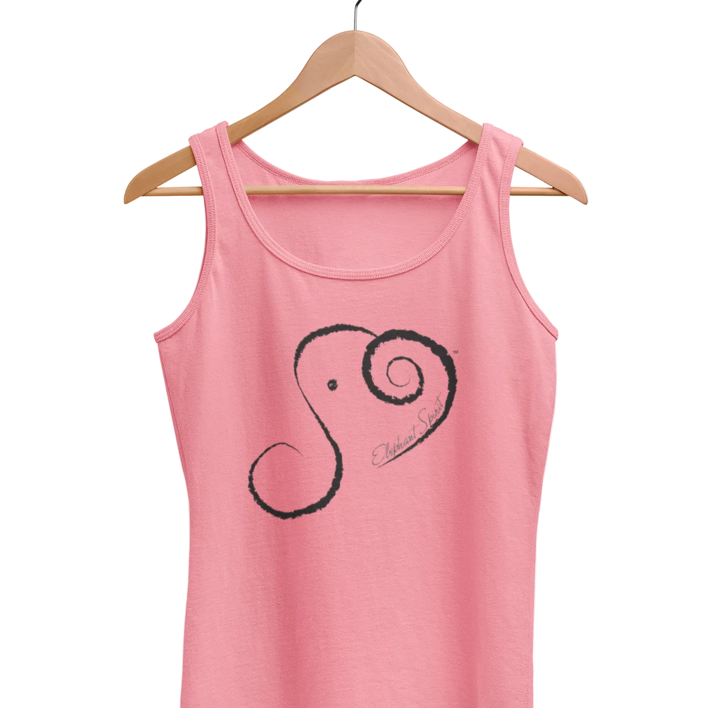 Pink tank top with a black spiral elephant design on a hanger against a white background