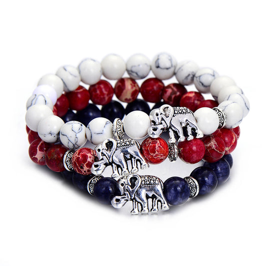 Bracelet - Elephant: Red, White & Blue Natural Stone