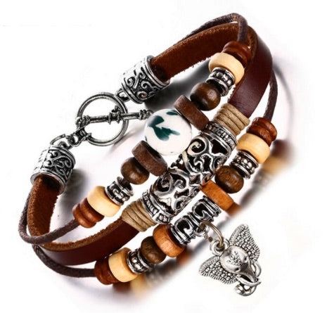 Bracelet - Elephant: Vintage-Style Leather with Wood Beads