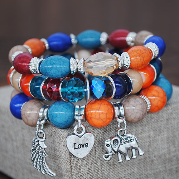 Bracelet - Elephant: Multi-Color Stacked Stone Beads