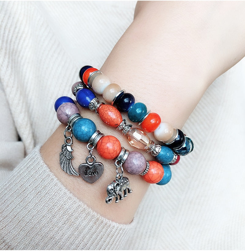 Bracelet - Elephant: Multi-Color Stacked Stone Beads