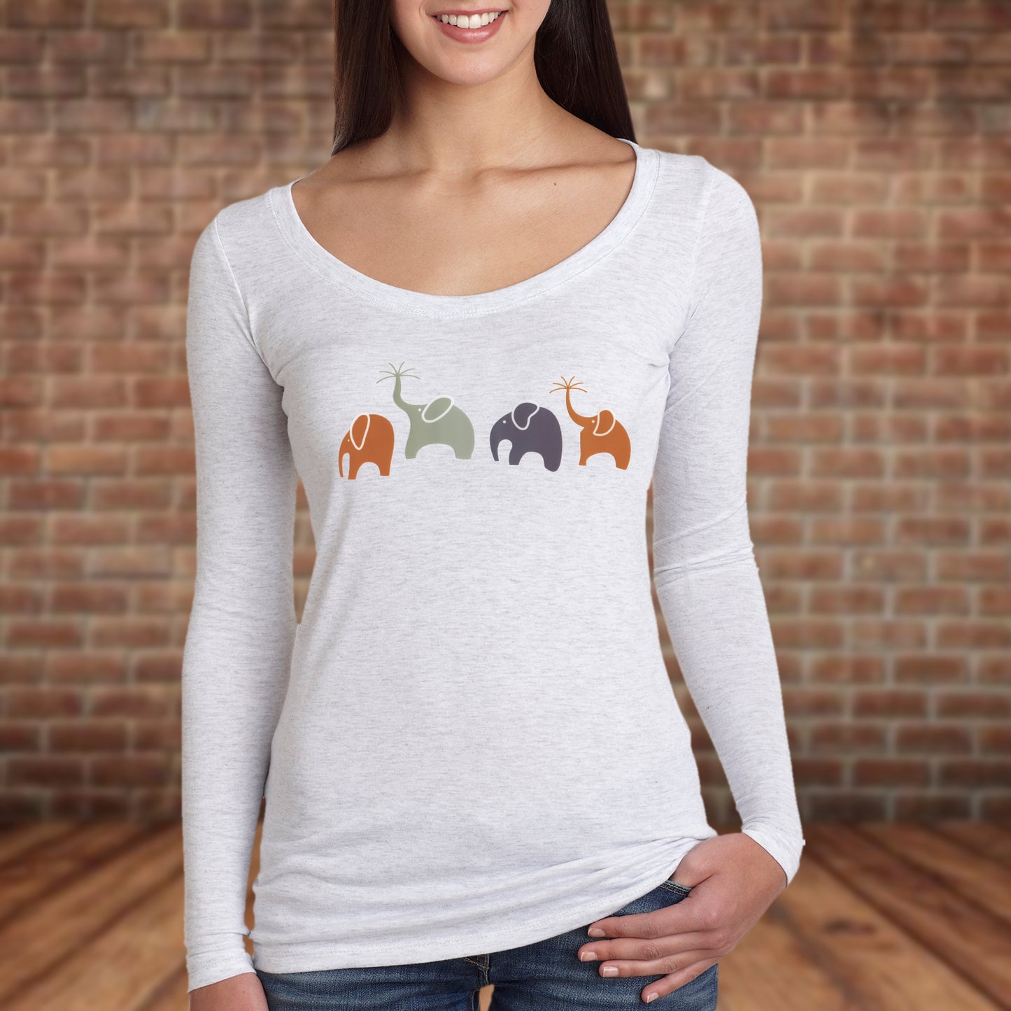 Elephant Spirit Shirt - Long-Sleeve Scoop Neck "Happy Family" White