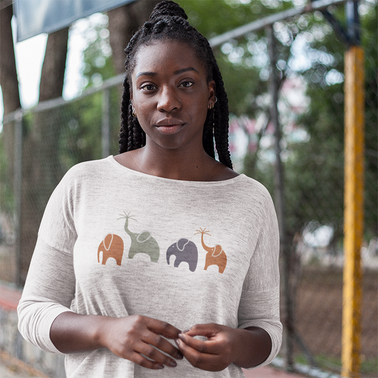 Elephant Spirit Shirt - Long-Sleeve Scoop Neck  "Happy Family" White