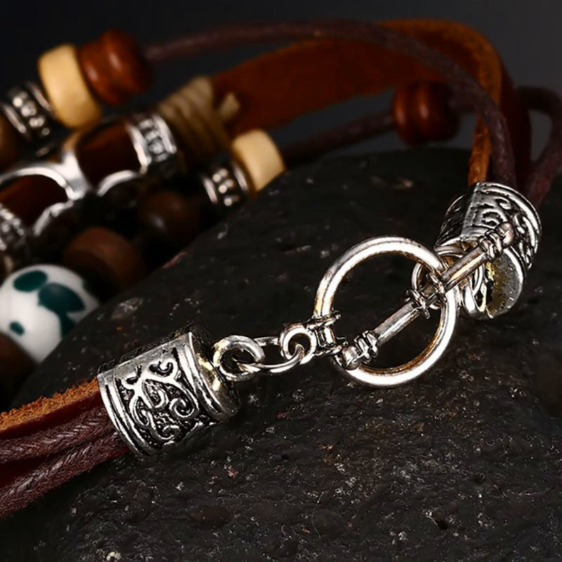 Bracelet - Elephant: Vintage-Style Leather with Wood Beads