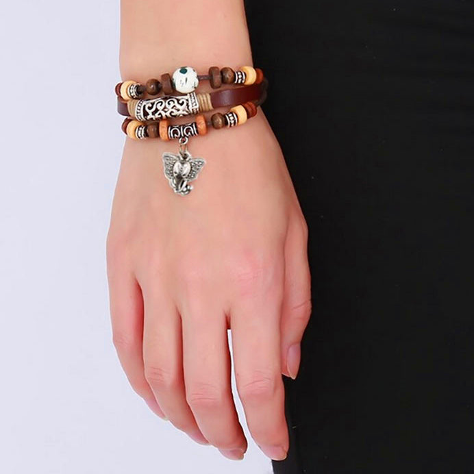 Bracelet - Elephant: Vintage-Style Leather with Wood Beads
