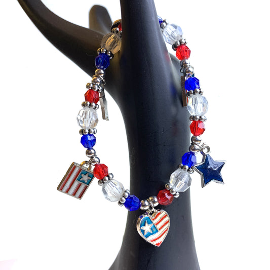 Stars &  Stripes Bracelet with Red White & Blue Crystal Beads