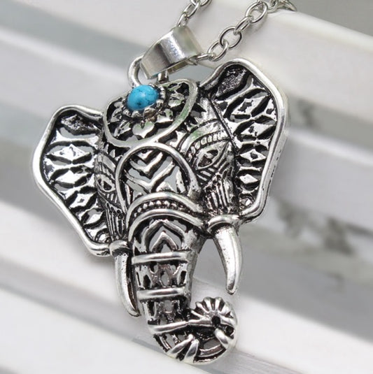 NECKLACE - Elephant: Boho Turquoise & Silver