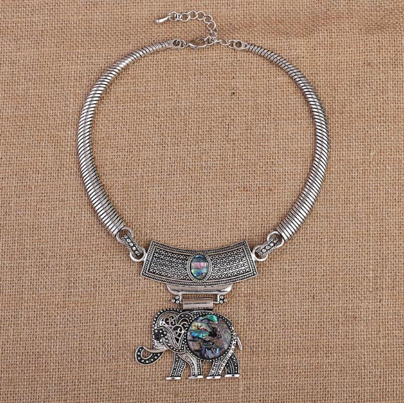 NECKLACE - Elephant: Tribal Silver-Plated Shell Elephant Choker Collar (27")