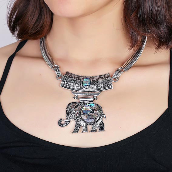 NECKLACE - Elephant: Tribal Silver-Plated Shell Elephant Choker Collar (27")