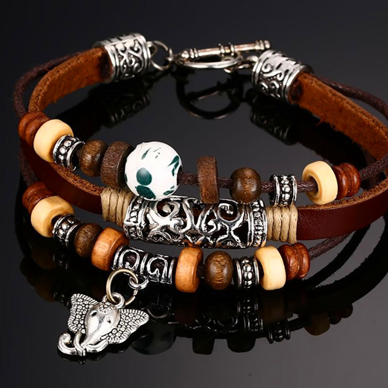 Bracelet - Elephant: Vintage-Style Leather with Wood Beads